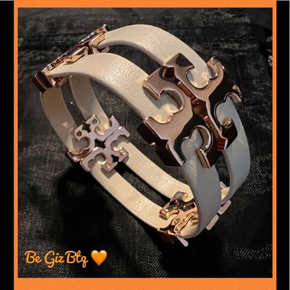 Tory Burch Authentic Serif T Stacked Leather Sand Rose Gold Wrap Bracelet - Picture 4 of 12